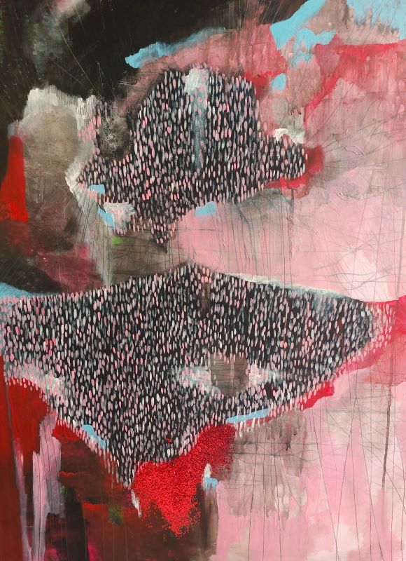 abstract drawing in pinks reds black and greys