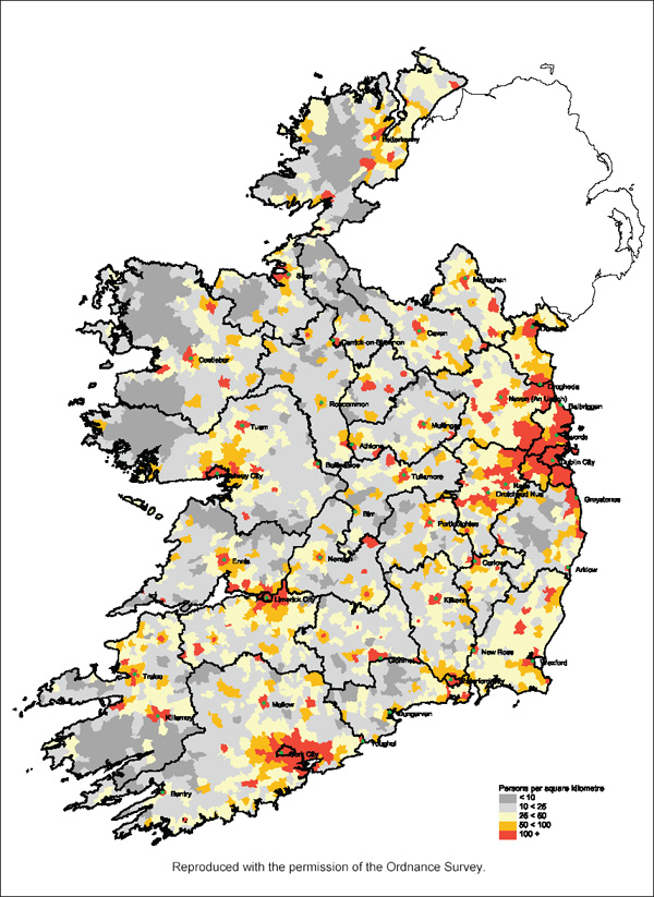 Map of population density in Ireland